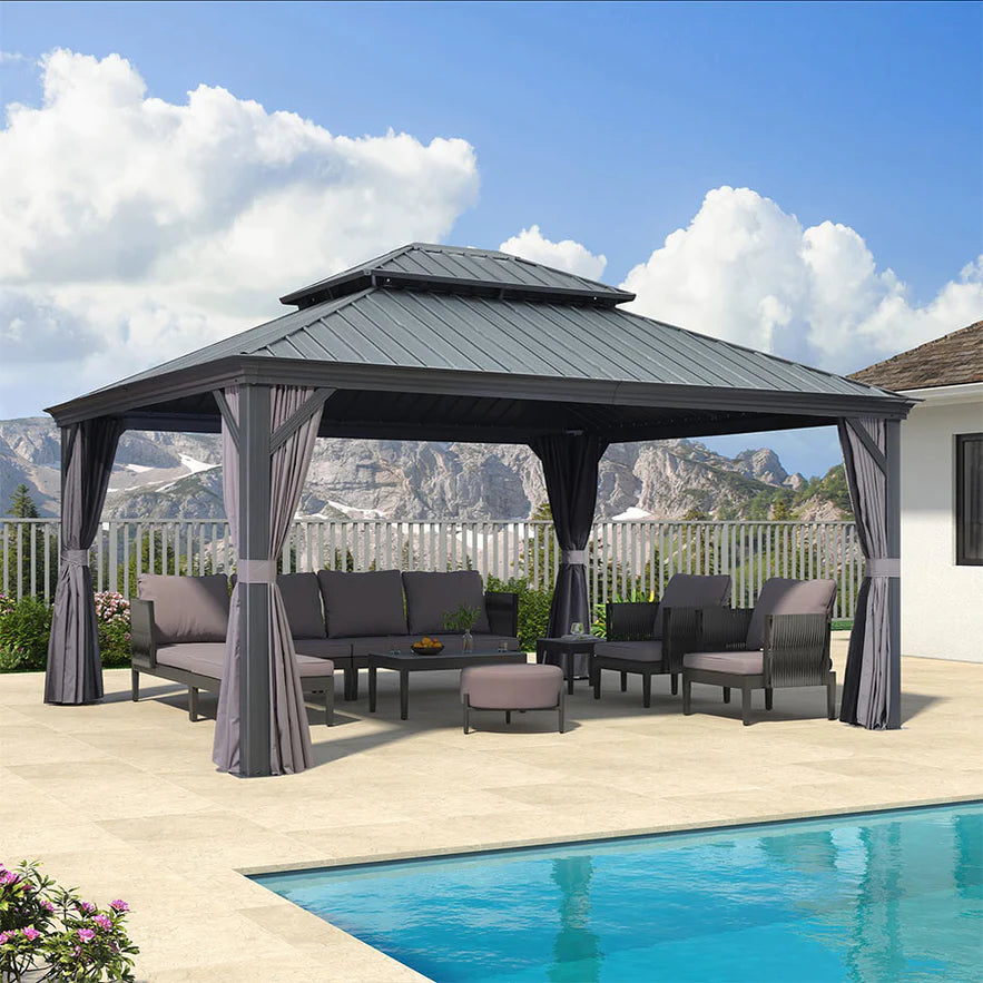 PURPLE LEAF Tuinpaviljoen Voor Achtertuin Grijs Hardtop Gegalvaniseerd Stalen Dak Luifel met Upgrade Gordijn