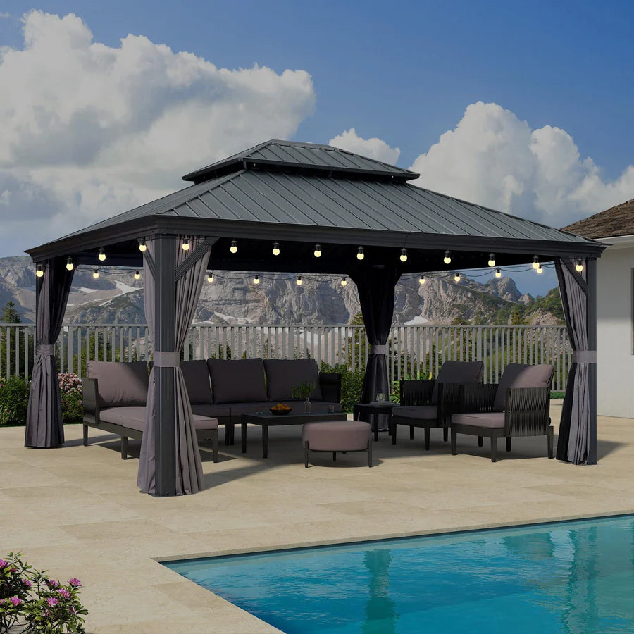 PURPLE LEAF Tuinpaviljoen Voor Achtertuin, Hardtop, Gegalvaniseerde Stalen Luifel, met Sfeerverlichting – Transparante Uitvoering