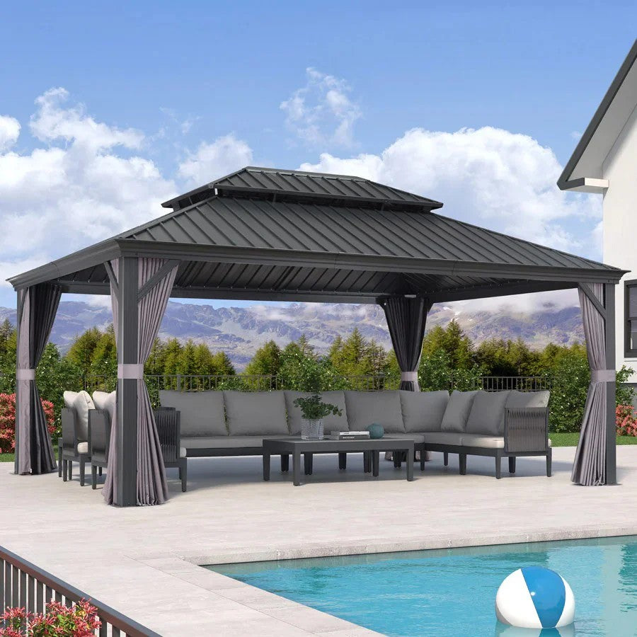 PURPLE LEAF Tuinpaviljoen Voor Achtertuin Grijs Hardtop Gegalvaniseerd Stalen Dak Luifel met Upgrade Gordijn