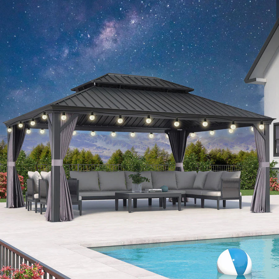 PURPLE LEAF Tuinpaviljoen Voor Achtertuin, Hardtop, Gegalvaniseerde Stalen Luifel, met Sfeerverlichting – Transparante Uitvoering