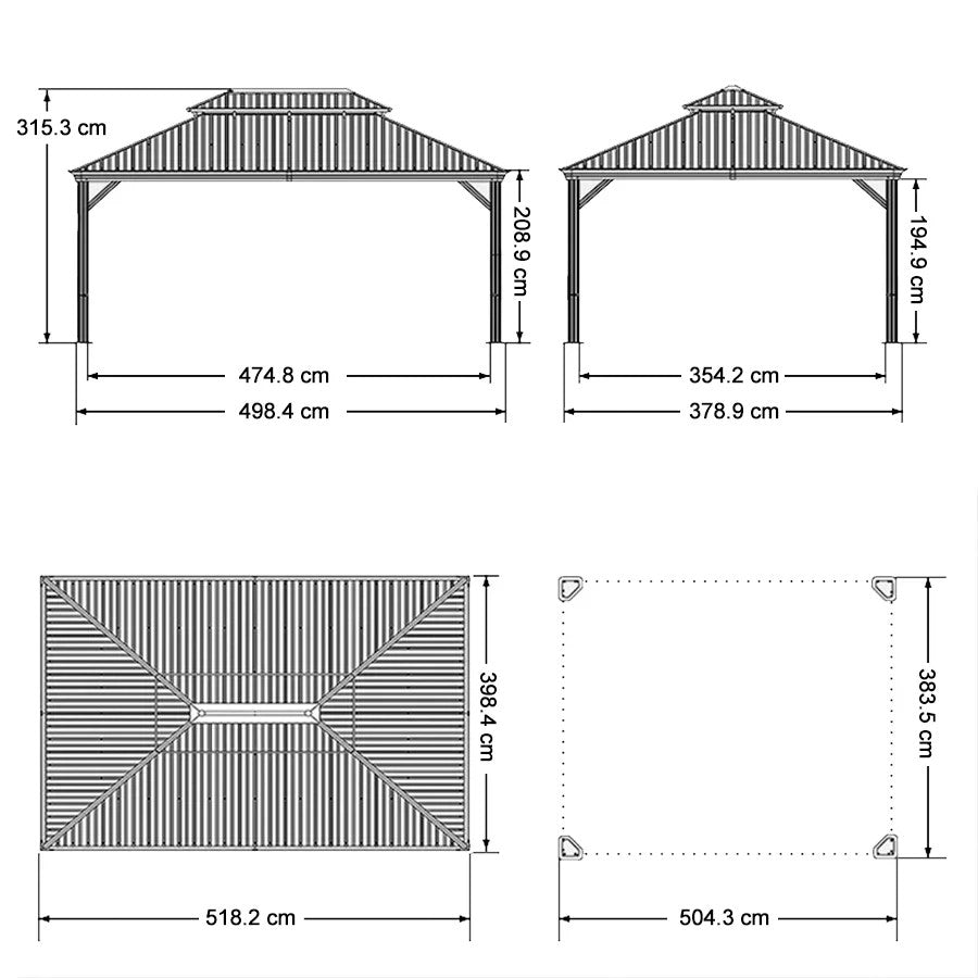 PURPLE LEAF Tuinpaviljoen Voor Achtertuin Grijs Hardtop Gegalvaniseerd Stalen Dak Luifel met Upgrade Gordijn