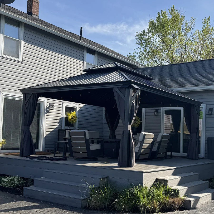 PURPLE LEAF Tuinpaviljoen Voor Achtertuin Grijs Hardtop Gegalvaniseerd Stalen Dak Luifel met Upgrade Gordijn
