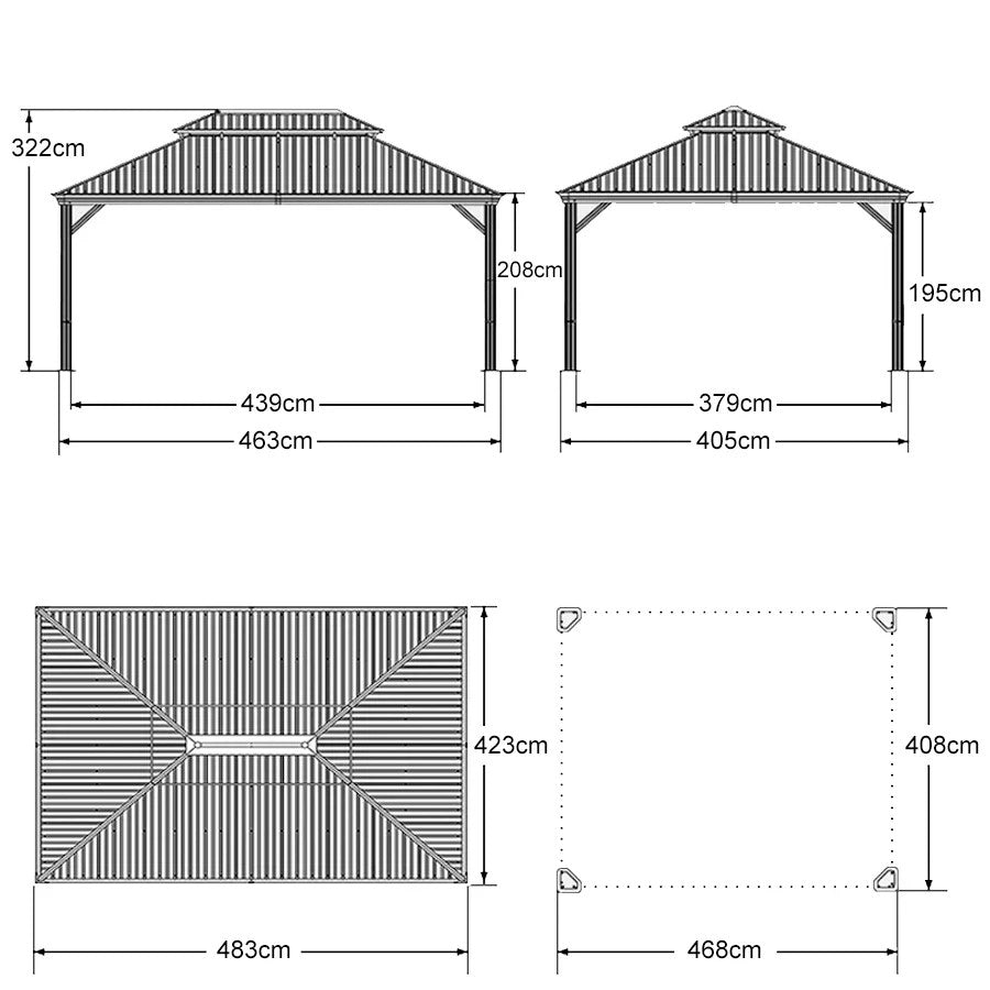 PURPLE LEAF Tuinpaviljoen Voor Achtertuin Grijs Hardtop Gegalvaniseerd Stalen Dak Luifel met Upgrade Gordijn