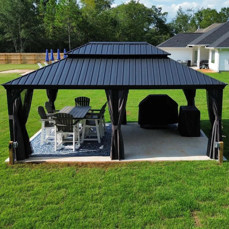 PURPLE LEAF Tuinpaviljoen Voor Achtertuin Grijs Hardtop Gegalvaniseerd Stalen Dak Luifel met Upgrade Gordijn