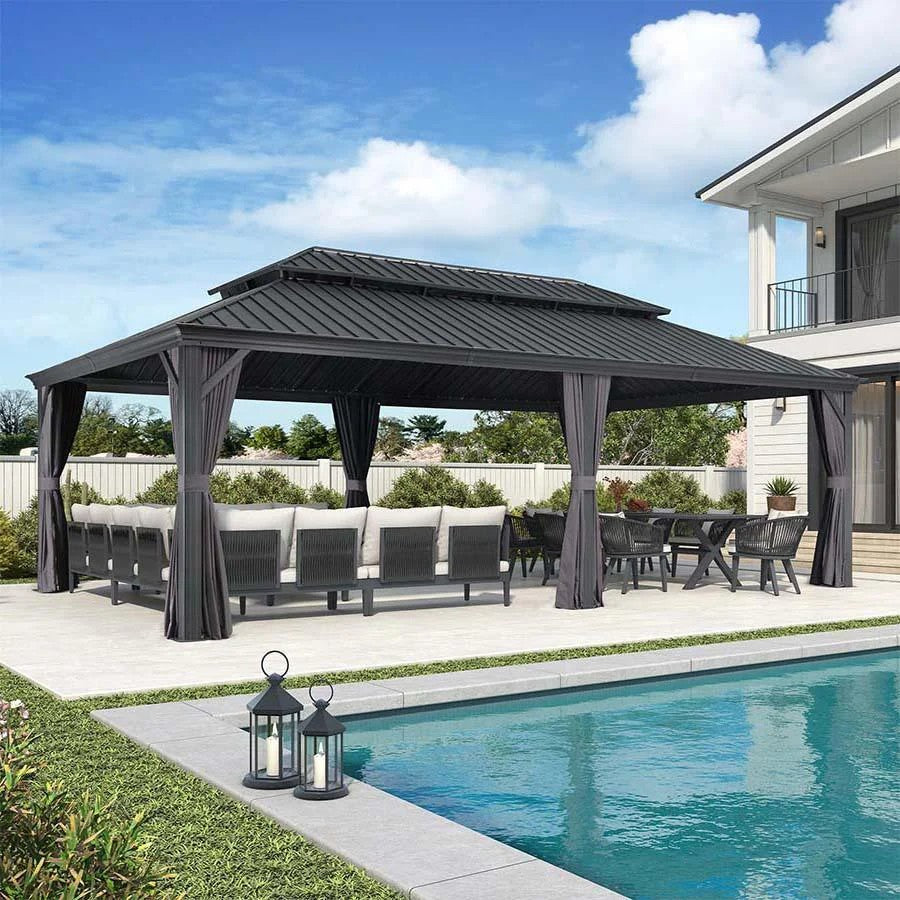 PURPLE LEAF Tuinpaviljoen Voor Achtertuin Grijs Hardtop Gegalvaniseerd Stalen Dak Luifel met Upgrade Gordijn