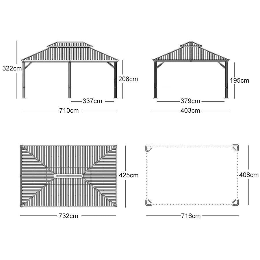 PURPLE LEAF Tuinpaviljoen Voor Achtertuin Grijs Hardtop Gegalvaniseerd Stalen Dak Luifel met Upgrade Gordijn