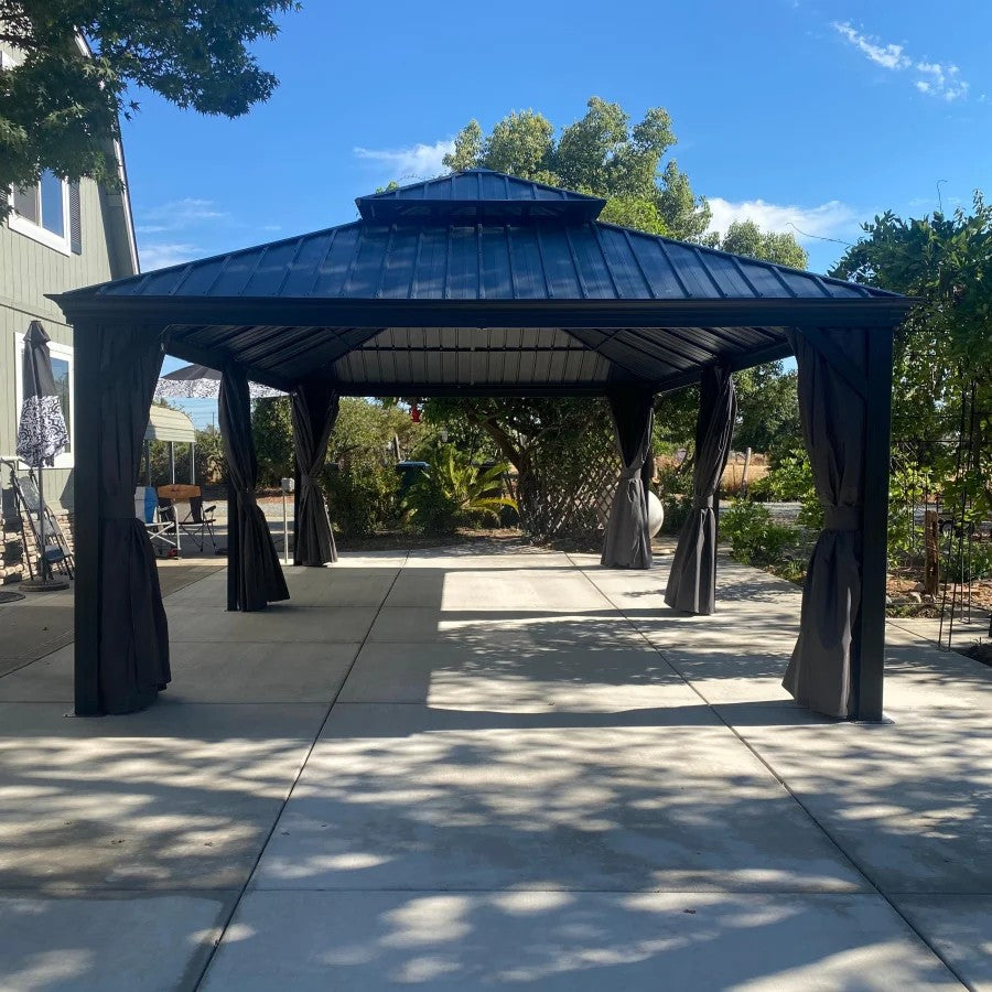 PURPLE LEAF Tuinpaviljoen Voor Achtertuin Grijs Hardtop Gegalvaniseerd Stalen Dak Luifel met Upgrade Gordijn