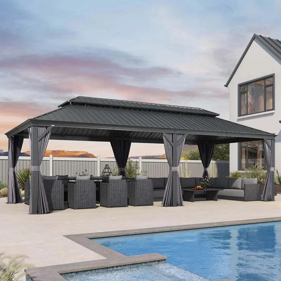 PURPLE LEAF Tuinpaviljoen Voor Achtertuin Grijs Hardtop Gegalvaniseerd Stalen Dak Luifel met Upgrade Gordijn