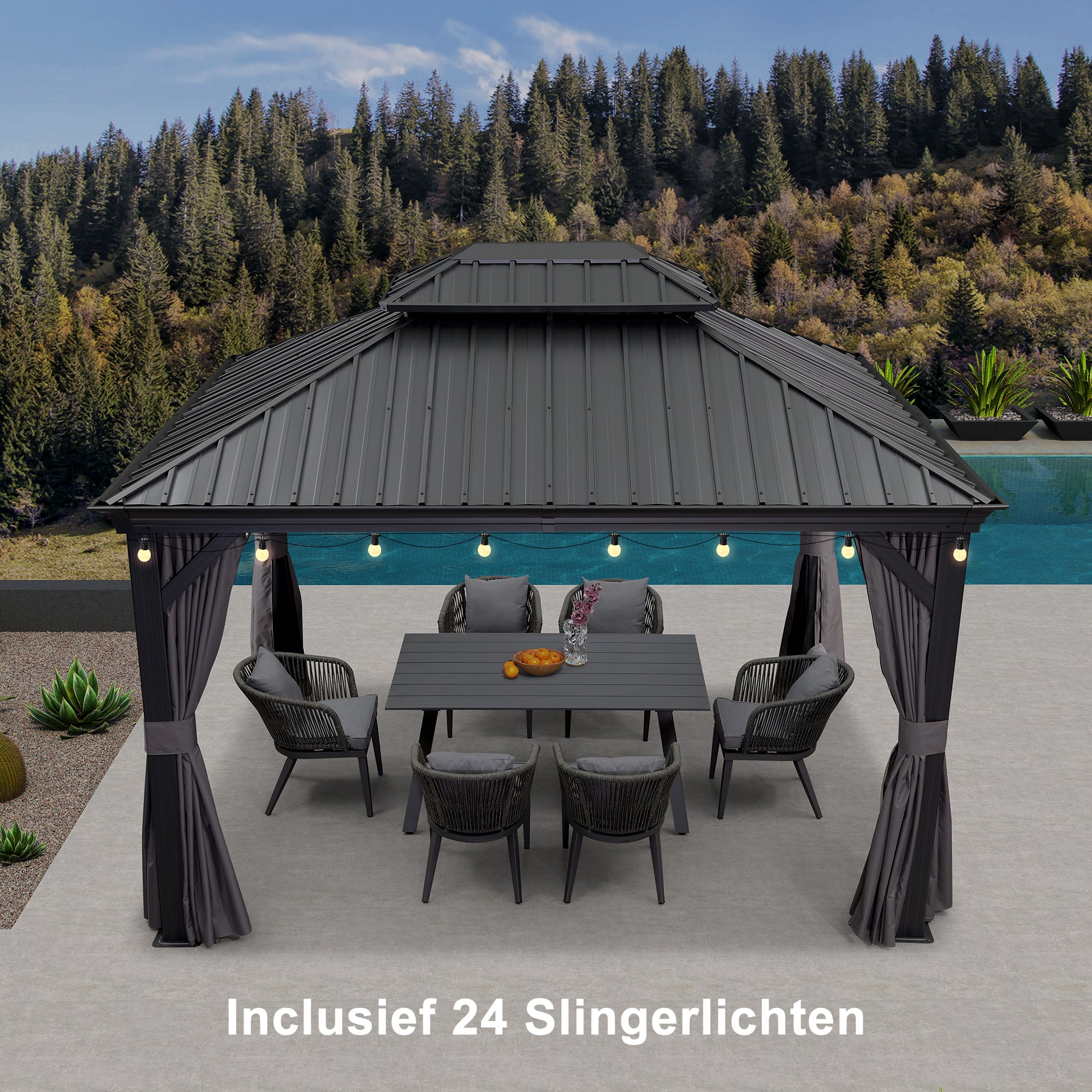 PURPLE LEAF Tuinpaviljoen Voor Achtertuin, Hardtop, Gegalvaniseerde Stalen Luifel, met Sfeerverlichting – Transparante Uitvoering