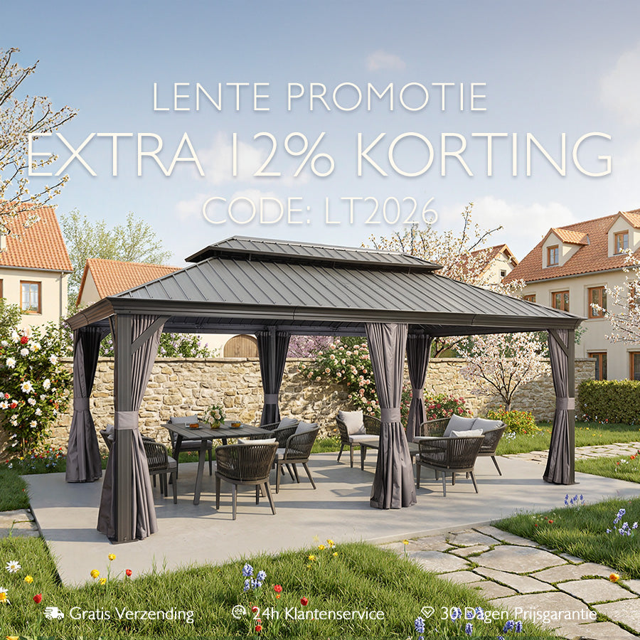 PURPLE LEAF Tuinpaviljoen Voor Achtertuin Grijs Hardtop Gegalvaniseerd Stalen Dak Luifel met Upgrade Gordijn