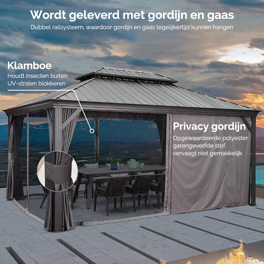 PURPLE LEAF Tuinpaviljoen Voor Achtertuin Grijs Hardtop Gegalvaniseerd Stalen Dak Luifel met Upgrade Gordijn