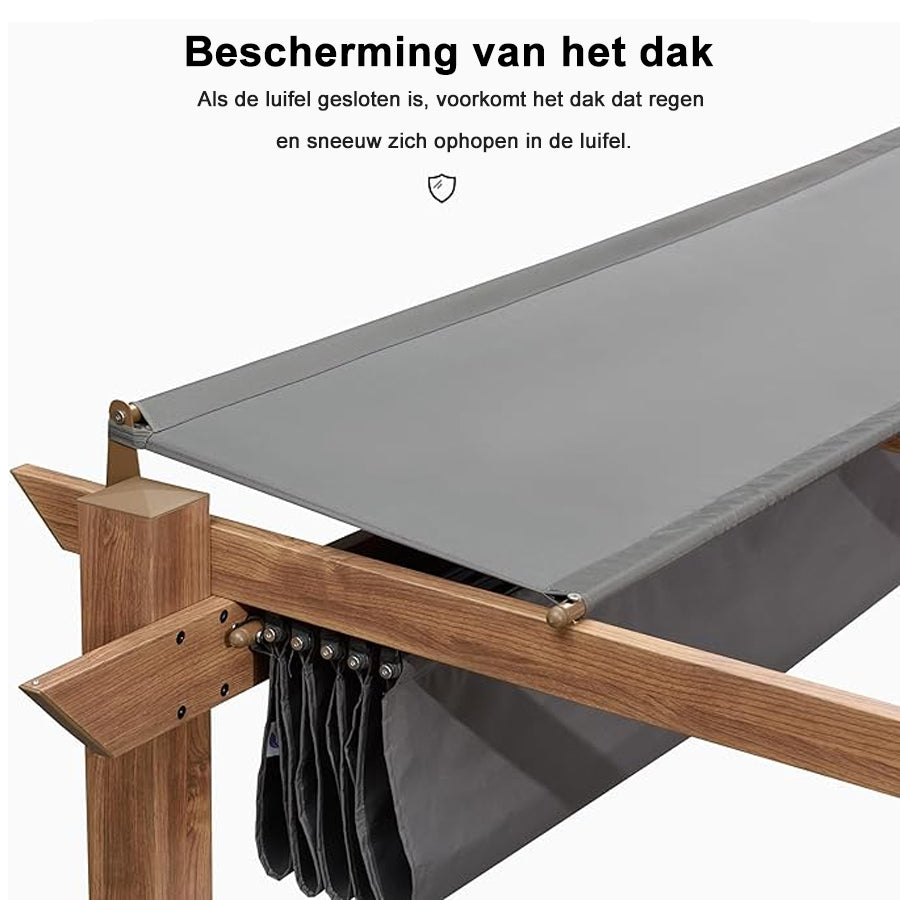 PURPLE LEAF Aluminium Pergola Tuinpergola Teak Afwerking, Intrekbaar Schuifscherm, Waterdicht Prieel, Barbecue Buiten, Tuinpaviljoen