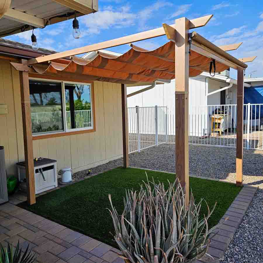 PURPLE LEAF Aluminium Pergola Tuinpergola Teak Afwerking, Intrekbaar Schuifscherm, Waterdicht Prieel, Barbecue Buiten, Tuinpaviljoen