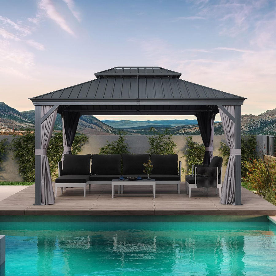 PURPLE LEAF Tuinpaviljoen Voor Achtertuin Grijs Hardtop Gegalvaniseerd Stalen Dak Luifel met Upgrade Gordijn