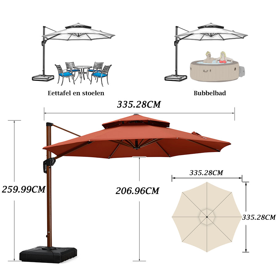 PURPLE LEAF Dubbele Top 330cm/365cm Ronde Aluminium Terrasparasol In Houtkleur