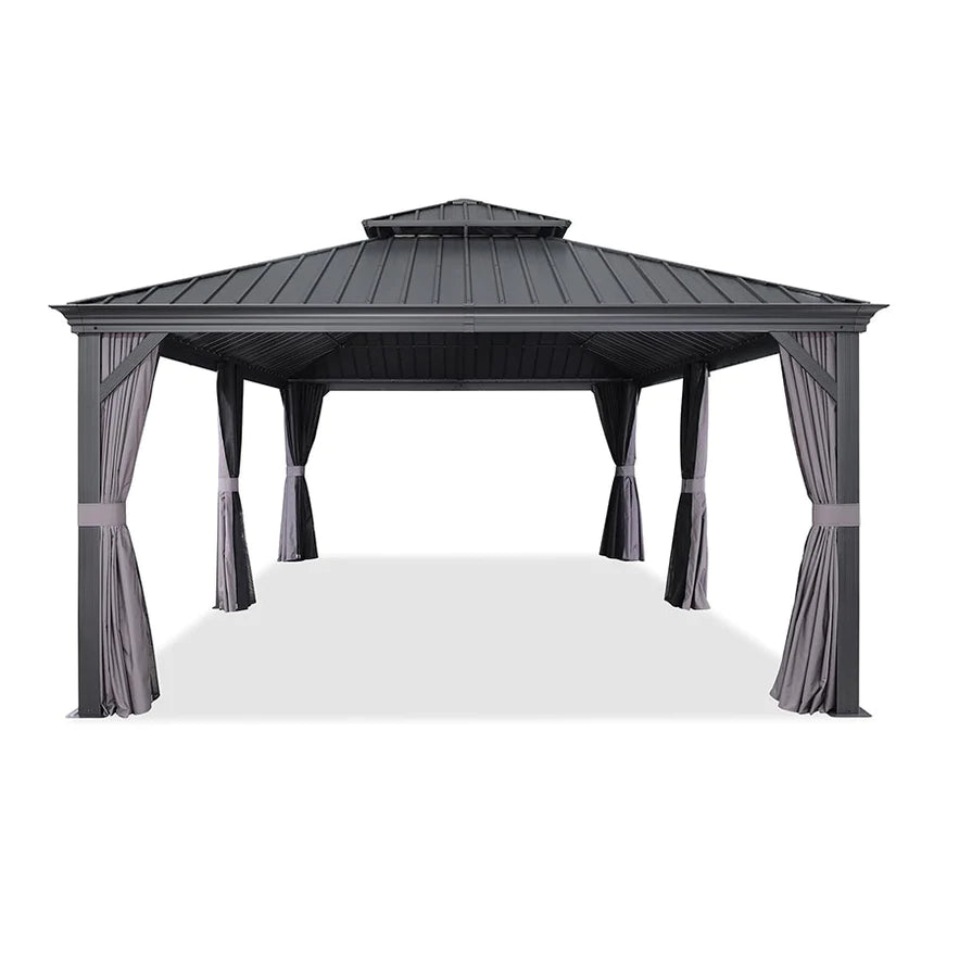 PURPLE LEAF Tuinpaviljoen Voor Achtertuin Grijs Hardtop Gegalvaniseerd Stalen Dak Luifel met Upgrade Gordijn