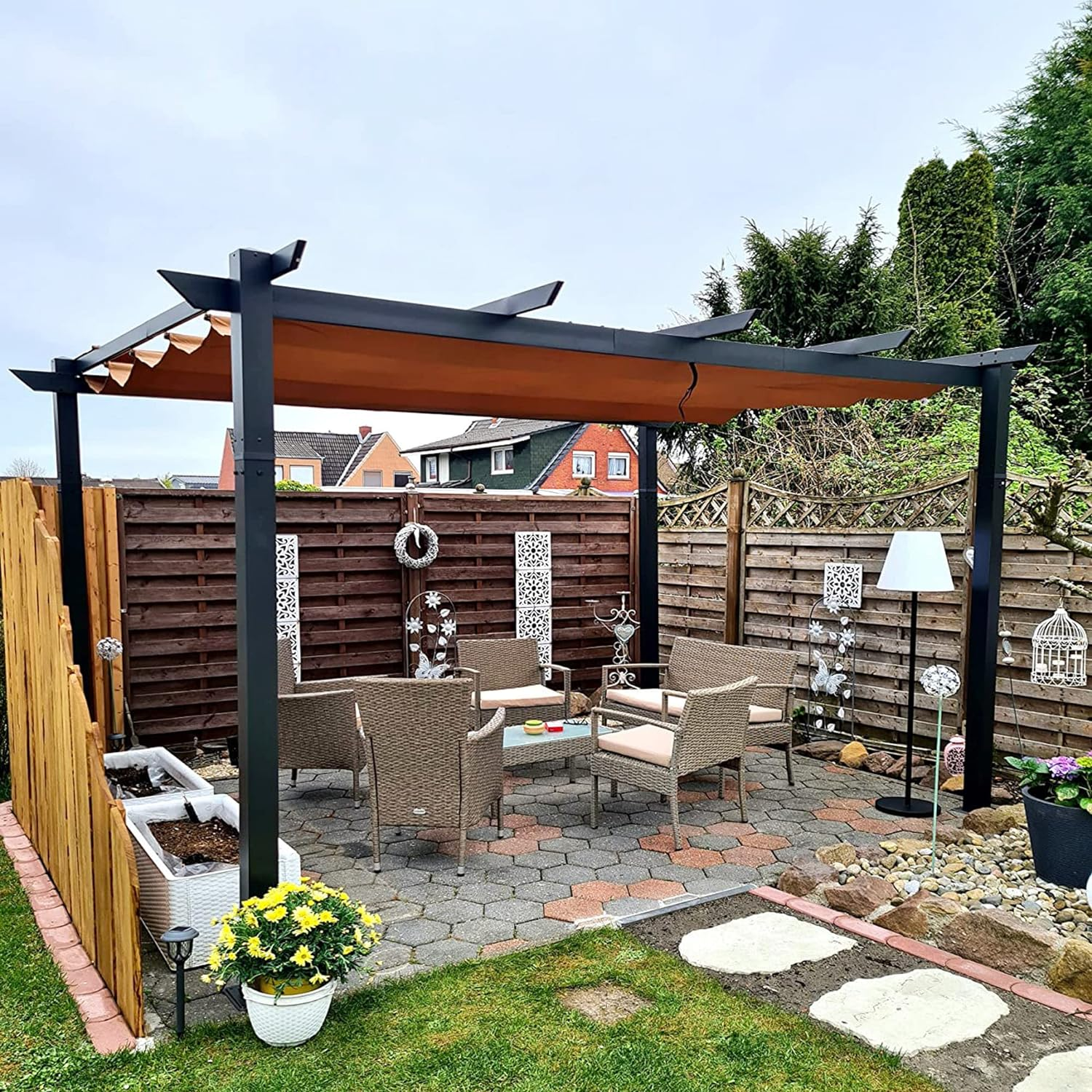 PURPLE LEAF Intrekbare aluminium buitenpergola met zonnescherm luifel, patio, achtertuin schuilplaats, metalen barbecue paviljoen-PRG
