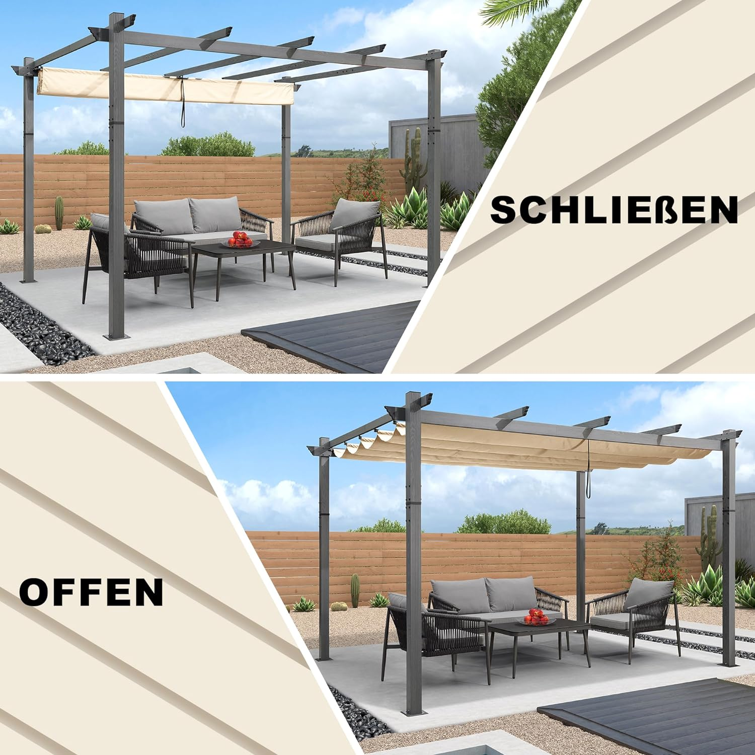 PURPLE LEAF Houten Look Pergola Dubbel Bovenframe Grijs Metaal Tuinpaviljoen Pergola Waterdicht Stabiel Wintervast, Tuinpaviljoen Met Zonnescherm Afdak-WPG