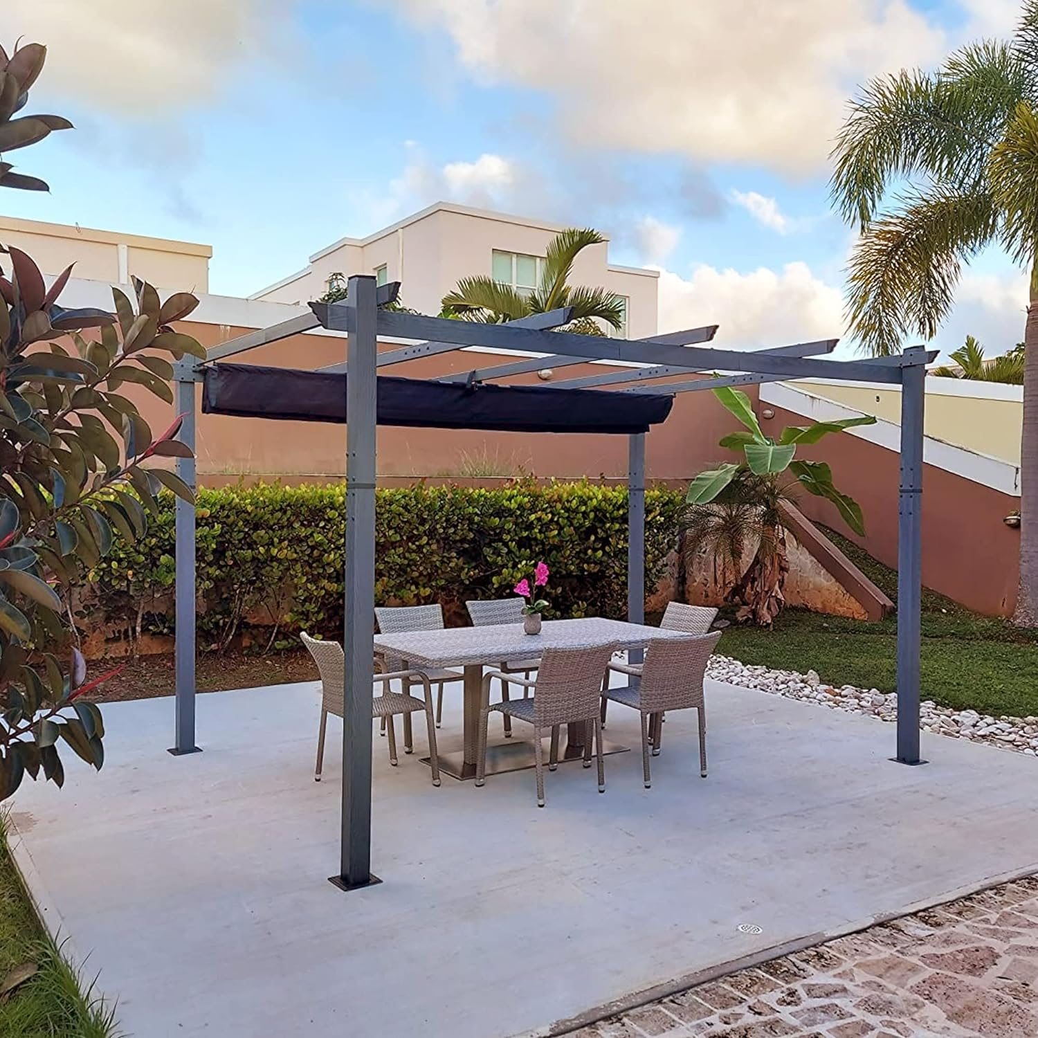 PURPLE LEAF Houten Look Pergola Dubbel Bovenframe Grijs Metaal Tuinpaviljoen Pergola Waterdicht Stabiel Wintervast, Tuinpaviljoen Met Zonnescherm Afdak-WPG