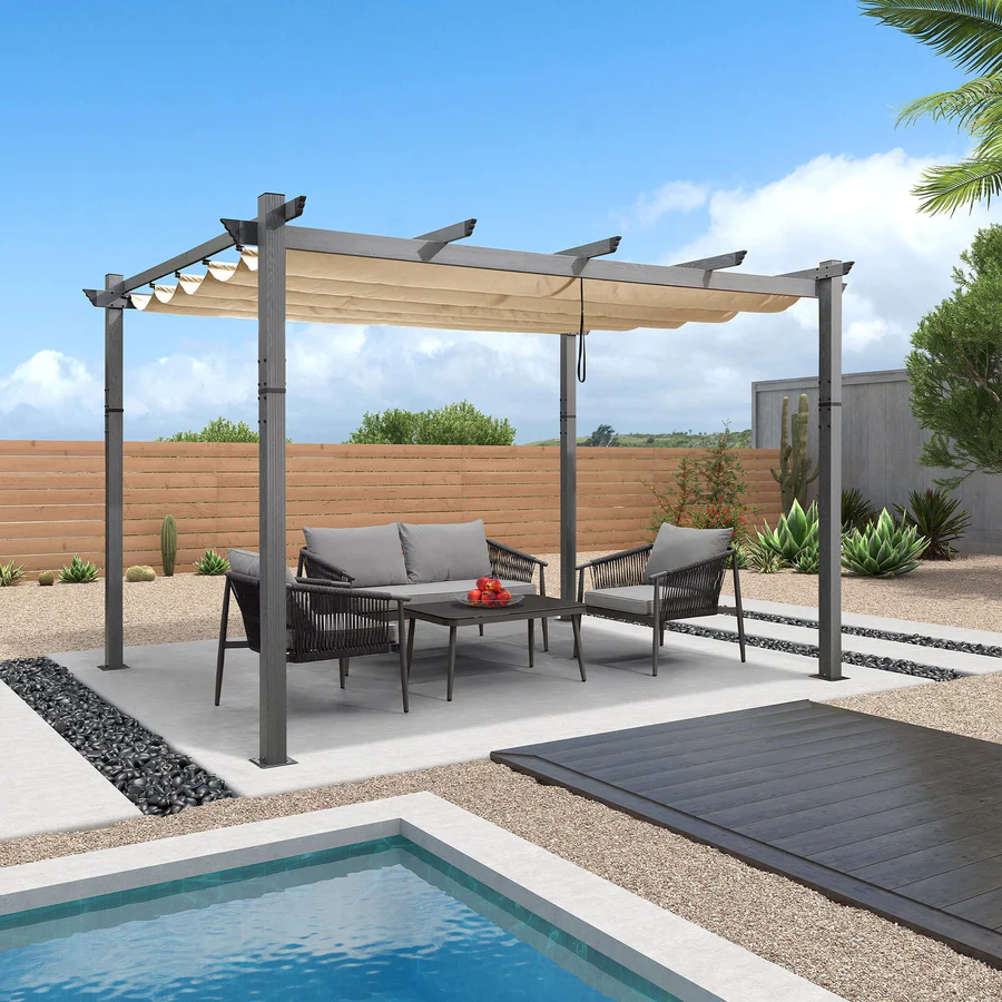 PURPLE LEAF Houten Look Pergola Dubbel Bovenframe Grijs Metaal Tuinpaviljoen Pergola Waterdicht Stabiel Wintervast, Tuinpaviljoen Met Zonnescherm Afdak-WPG