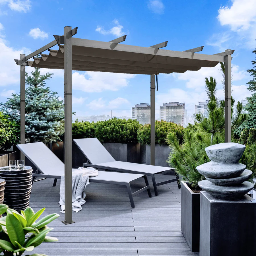 PURPLE LEAF Houten Look Pergola Dubbel Bovenframe Grijs Metaal Tuinpaviljoen Pergola Waterdicht Stabiel Wintervast, Tuinpaviljoen Met Zonnescherm Afdak-WPG