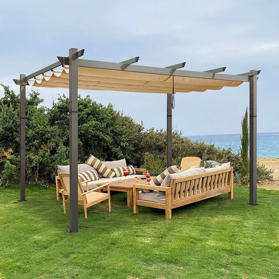 PURPLE LEAF Houten Look Pergola Dubbel Bovenframe Grijs Metaal Tuinpaviljoen Pergola Waterdicht Stabiel Wintervast, Tuinpaviljoen Met Zonnescherm Afdak-WPG