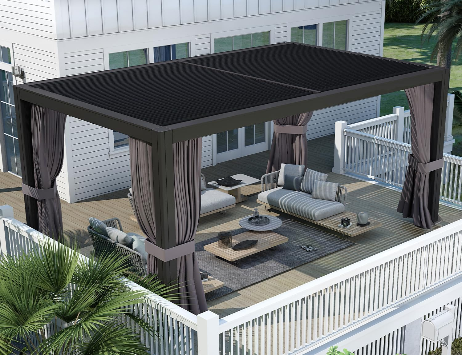 PURPLE LEAF Paviljoen 3 x 4 m Waterdichte Stalpergola met Roosterdak Aluminium Terrasoverkapping Hardtop Paviljoen met Klamboes en Gordijnen, Grijs