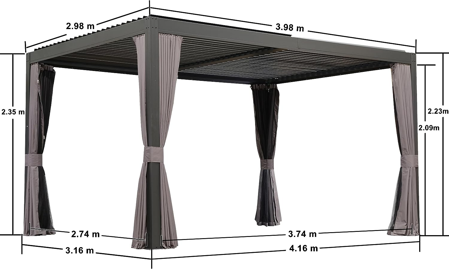 PURPLE LEAF Paviljoen 3 x 4 m Waterdichte Stalpergola met Roosterdak Aluminium Terrasoverkapping Hardtop Paviljoen met Klamboes en Gordijnen, Grijs