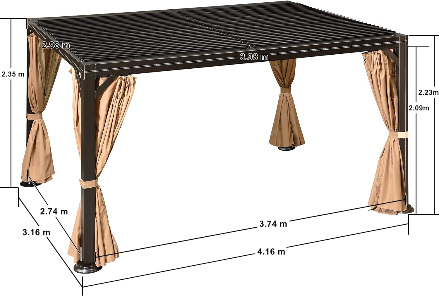 PURPLE LEAF Paviljoen 3 x 4 m Waterdichte Stalpergola met Roosterdak Aluminium Terrasoverkapping Hardtop Paviljoen met Horren en Gordijnen, Brons