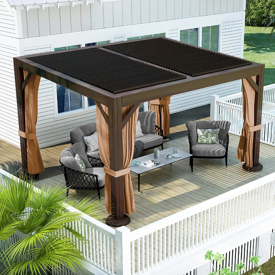PURPLE LEAF Paviljoen 3 x 4 m Waterdichte Stalpergola met Roosterdak Aluminium Terrasoverkapping Hardtop Paviljoen met Horren en Gordijnen, Brons