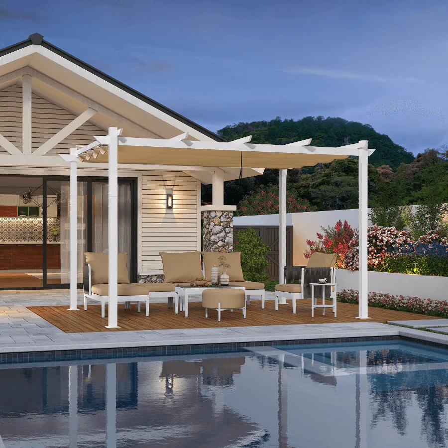 PURPLE LEAF Outdoor Intrekbare Pergola met Dubbele Zonwering Luifel Wit Heavy-Duty Aluminium Pergola Patio Moderne Pergola voor Tuin Dek en Achtertuin, Wit