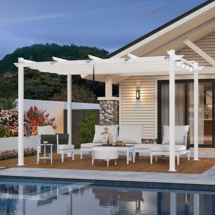 PURPLE LEAF Outdoor Intrekbare Pergola met Dubbele Zonwering Luifel Wit Heavy-Duty Aluminium Pergola Patio Moderne Pergola voor Tuin Dek en Achtertuin, Wit