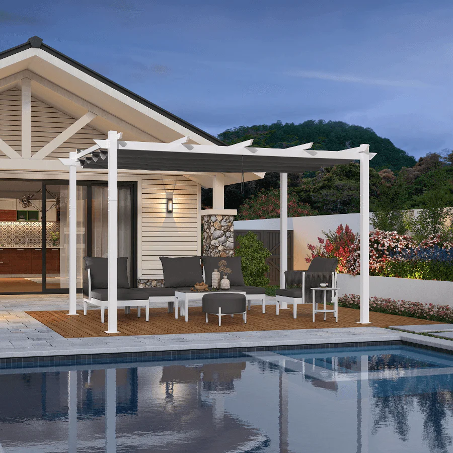 PURPLE LEAF Outdoor Intrekbare Pergola met Dubbele Zonwering Luifel Wit Heavy-Duty Aluminium Pergola Patio Moderne Pergola voor Tuin Dek en Achtertuin, Wit