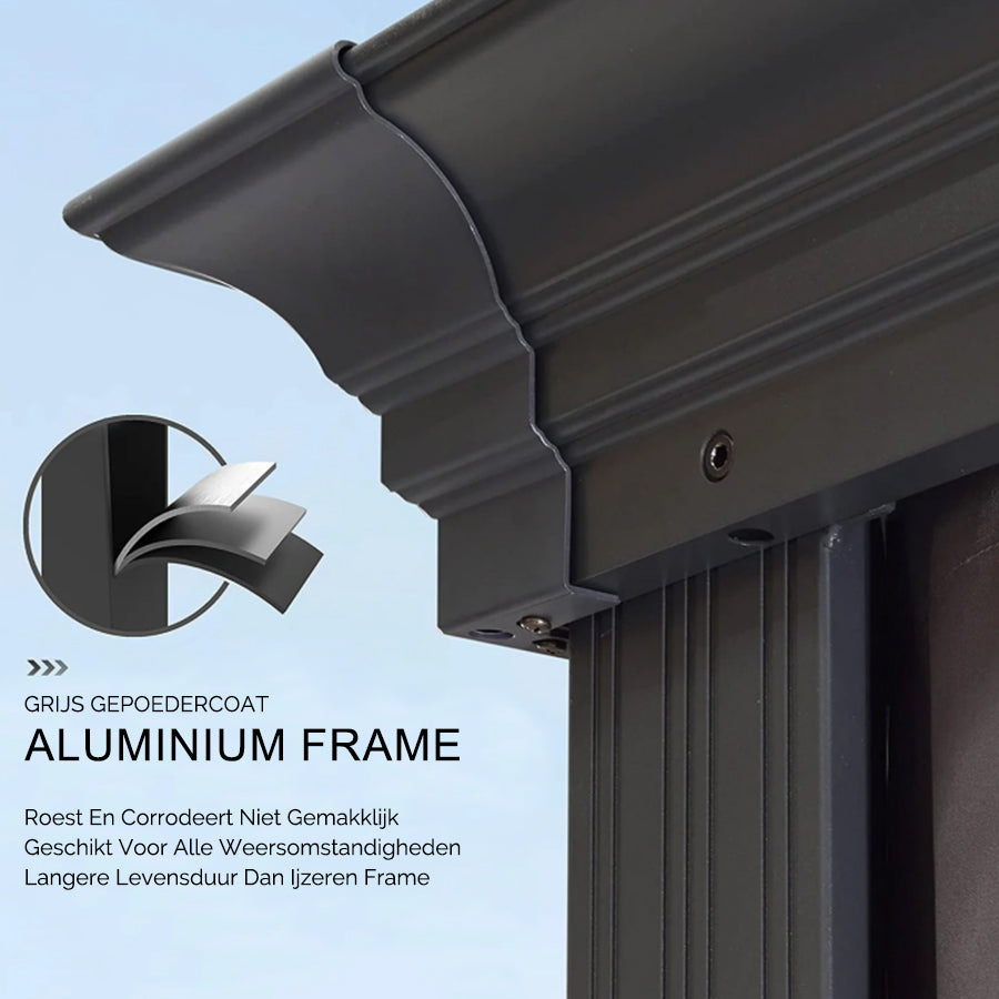 PURPLE LEAF Tuinpaviljoen Voor Achtertuin Grijs Hardtop Gegalvaniseerd Stalen Dak Luifel met Upgrade Gordijn