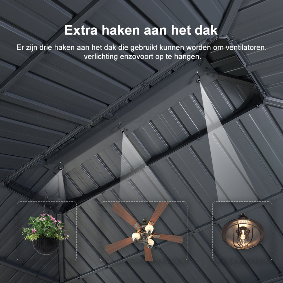 PURPLE LEAF Hardtop Tuinpaviljoen Essential met Warmwitte Verlichting, Gegalvaniseerd Stalen Dak, Aluminium Frame, Gordijnen en Klamboe – Grijs