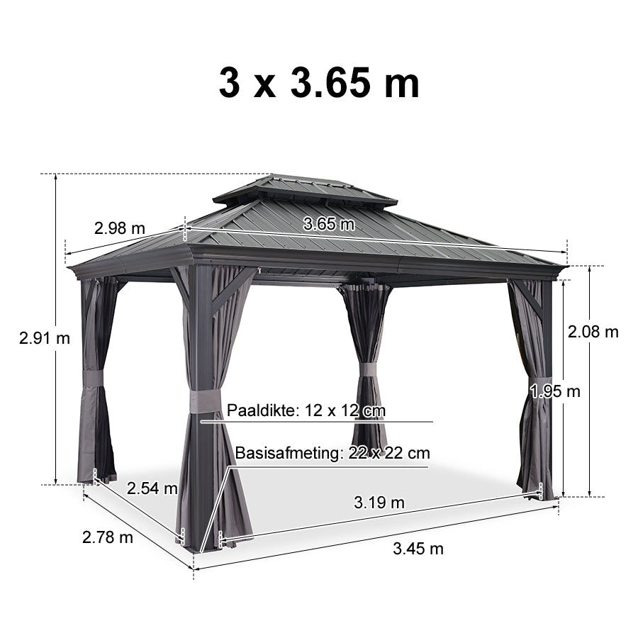PURPLE LEAF Tuinpaviljoen Voor Achtertuin Grijs Hardtop Gegalvaniseerd Stalen Dak Luifel met Upgrade Gordijn