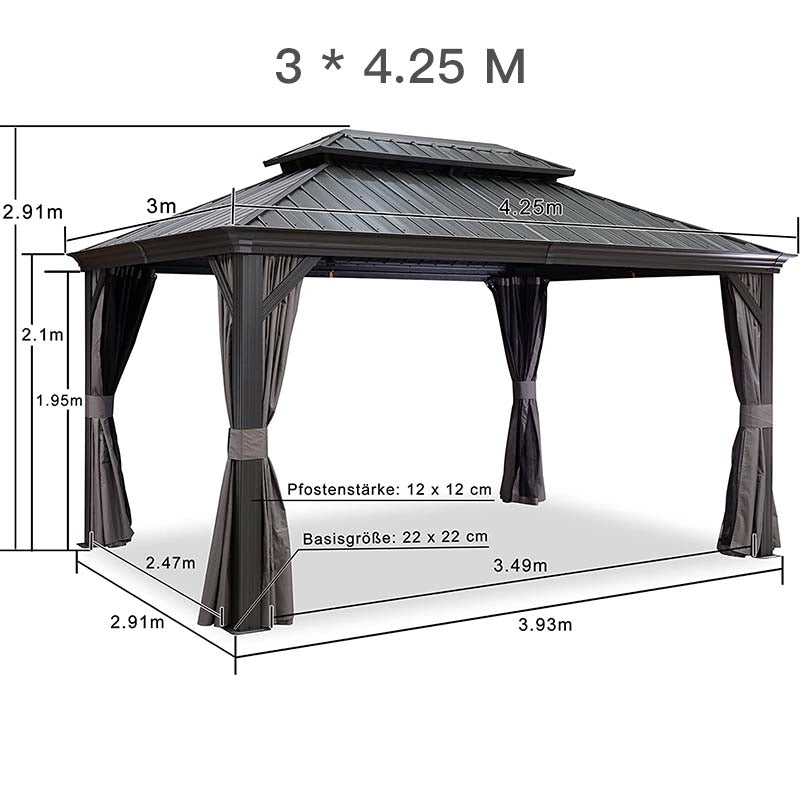 PURPLE LEAF Tuinpaviljoen Voor Achtertuin Grijs Hardtop Gegalvaniseerd Stalen Dak Luifel met Upgrade Gordijn