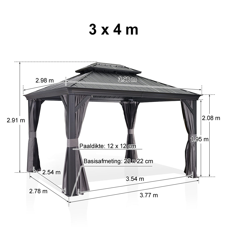 PURPLE LEAF Tuinpaviljoen Voor Achtertuin Grijs Hardtop Gegalvaniseerd Stalen Dak Luifel met Upgrade Gordijn