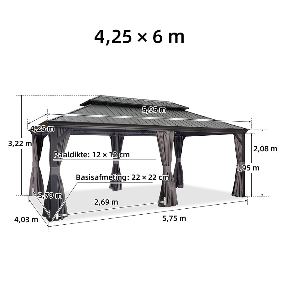 PURPLE LEAF Cenador Gris para Patio y Terraza con Techo Rígido, Cortinas, Mosquiteras y Luces LED Cálidas