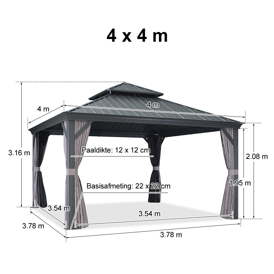 PURPLE LEAF Tuinpaviljoen Voor Achtertuin Grijs Hardtop Gegalvaniseerd Stalen Dak Luifel met Upgrade Gordijn