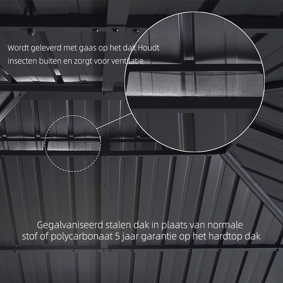 PURPLE LEAF Tuinpaviljoen Voor Achtertuin Grijs Hardtop Gegalvaniseerd Stalen Dak Luifel met Upgrade Gordijn