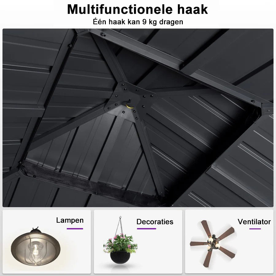 PURPLE LEAF Hardtop Tuinpaviljoen Essential met Warmwitte Verlichting, Gegalvaniseerd Stalen Dak, Aluminium Frame, Gordijnen en Klamboe – Grijs