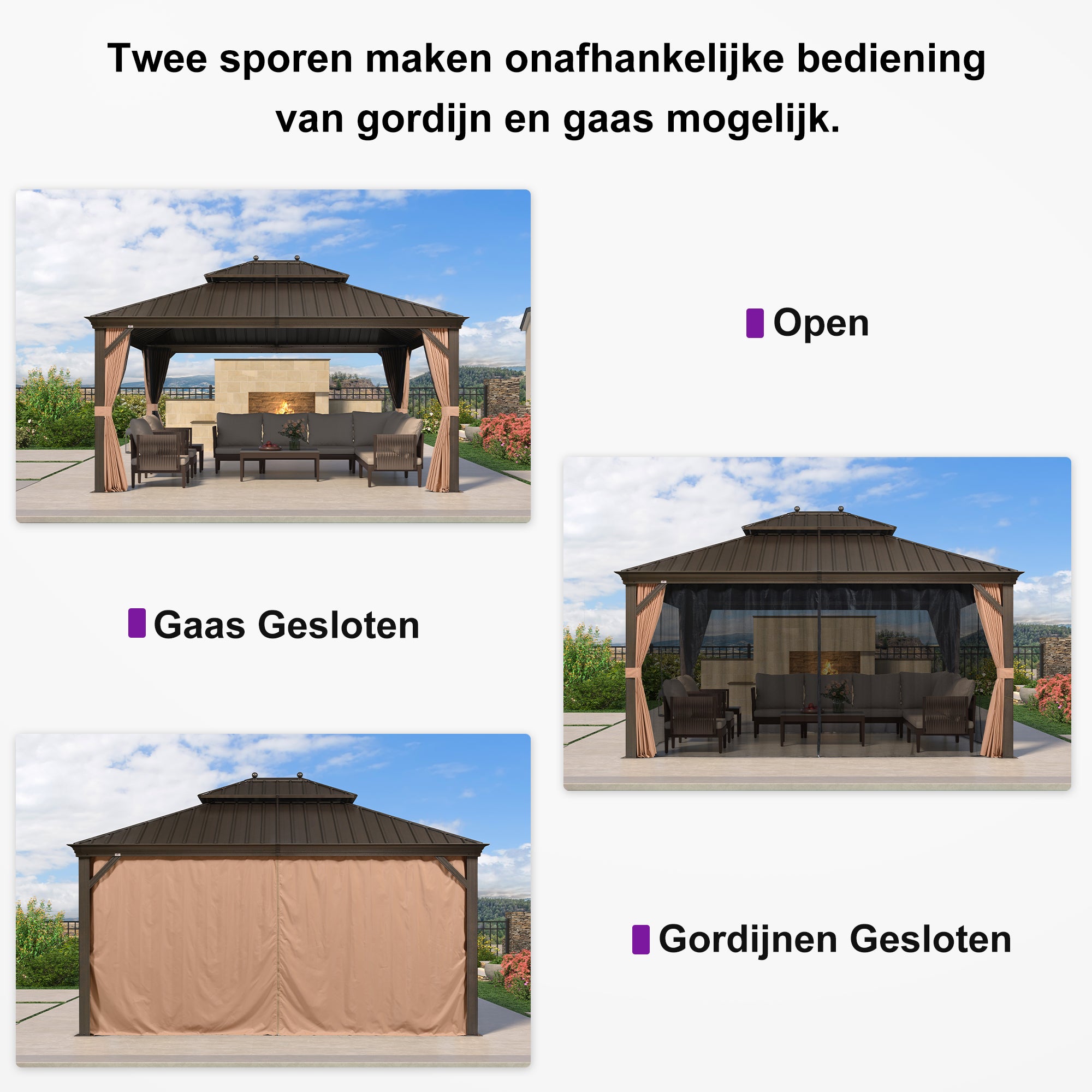 PURPLE LEAF Hardtop Prieel Frame Aluminium Gegalvaniseerd Stalen Dak Zonwering Partytent met Gordijn en Klamboe