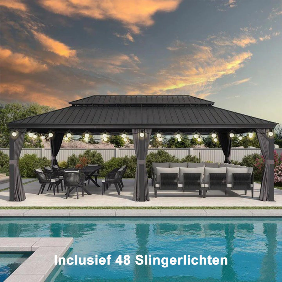 PURPLE LEAF Tuinpaviljoen Voor Achtertuin, Hardtop, Gegalvaniseerde Stalen Luifel, met Sfeerverlichting – Transparante Uitvoering