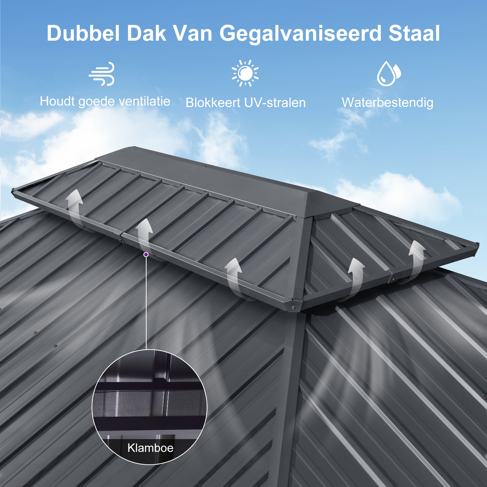 PURPLE LEAF Hardtop Tuinpaviljoen Essential met Warmwitte Verlichting, Gegalvaniseerd Stalen Dak, Aluminium Frame, Gordijnen en Klamboe – Grijs