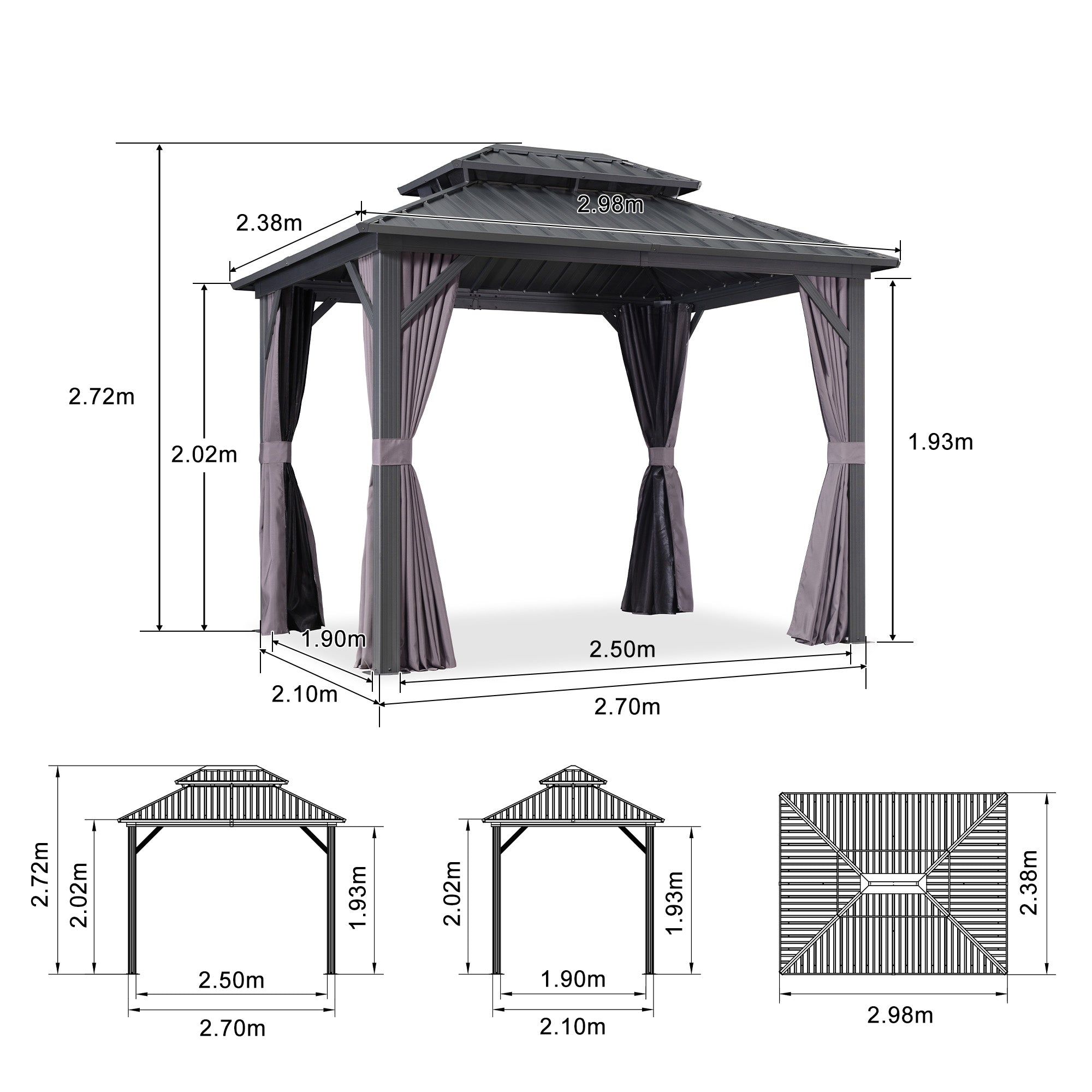 PURPLE LEAF Hardtop Tuinpaviljoen Essential met Warmwitte Verlichting, Gegalvaniseerd Stalen Dak, Aluminium Frame, Gordijnen en Klamboe – Grijs