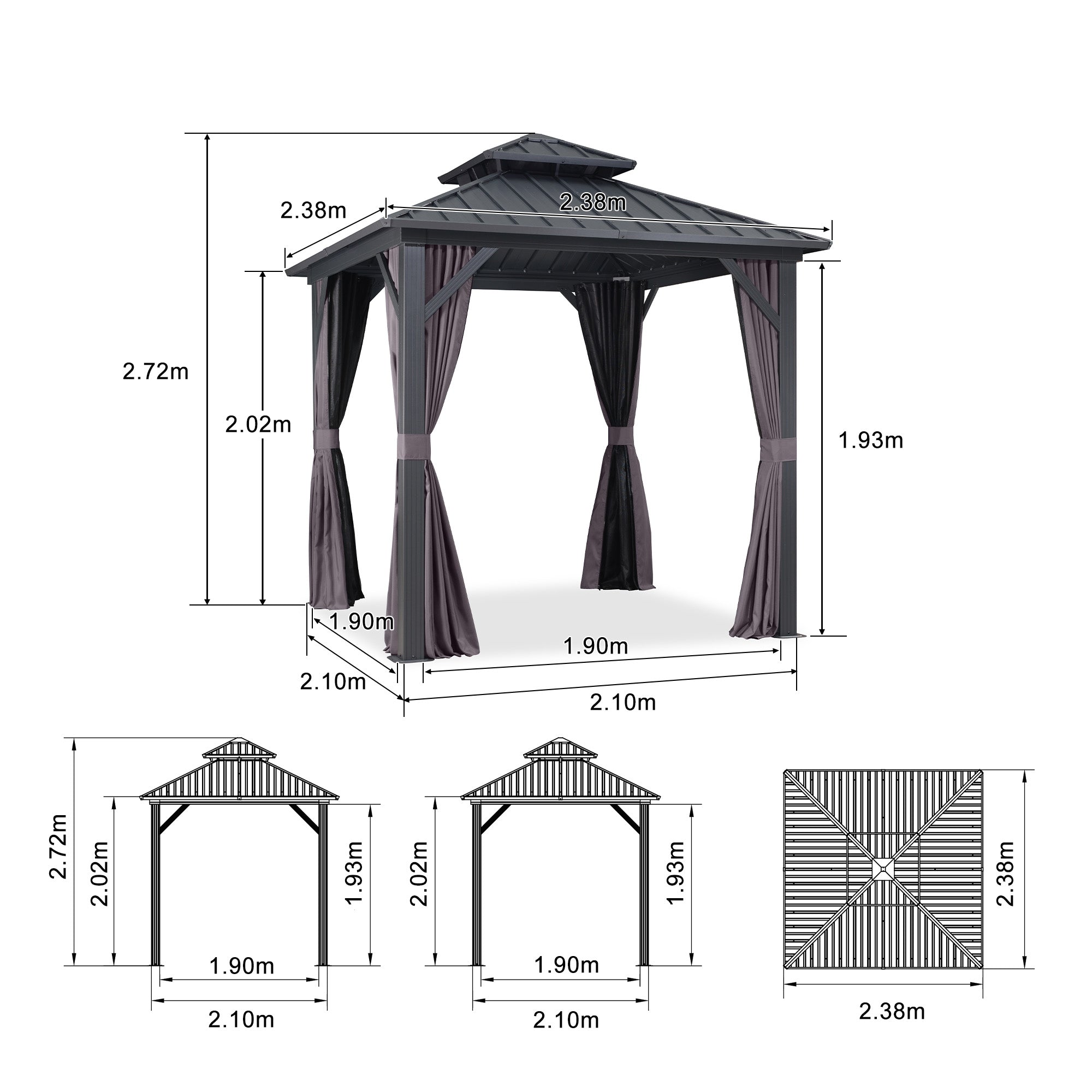 PURPLE LEAF Hardtop Tuinpaviljoen Essential met Warmwitte Verlichting, Gegalvaniseerd Stalen Dak, Aluminium Frame, Gordijnen en Klamboe – Grijs