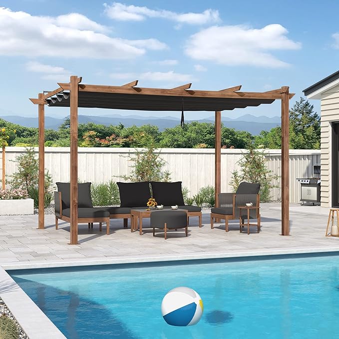 PURPLE LEAF Aluminium Pergola Tuinpergola Teak Afwerking, Intrekbaar Schuifscherm, Waterdicht Prieel, Barbecue Buiten, Tuinpaviljoen