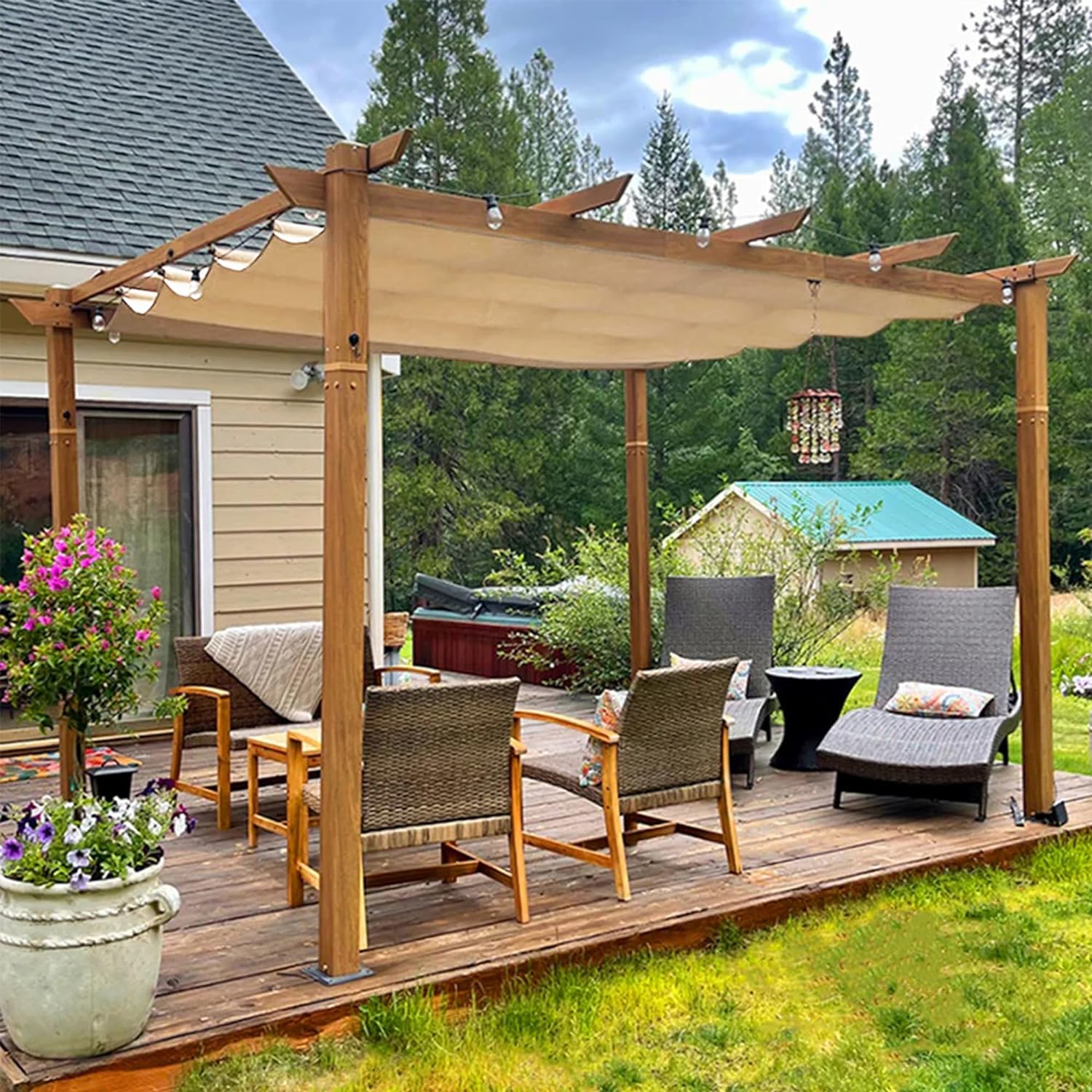 PURPLE LEAF Aluminium Pergola Tuinpergola Teak Afwerking, Intrekbaar Schuifscherm, Waterdicht Prieel, Barbecue Buiten, Tuinpaviljoen