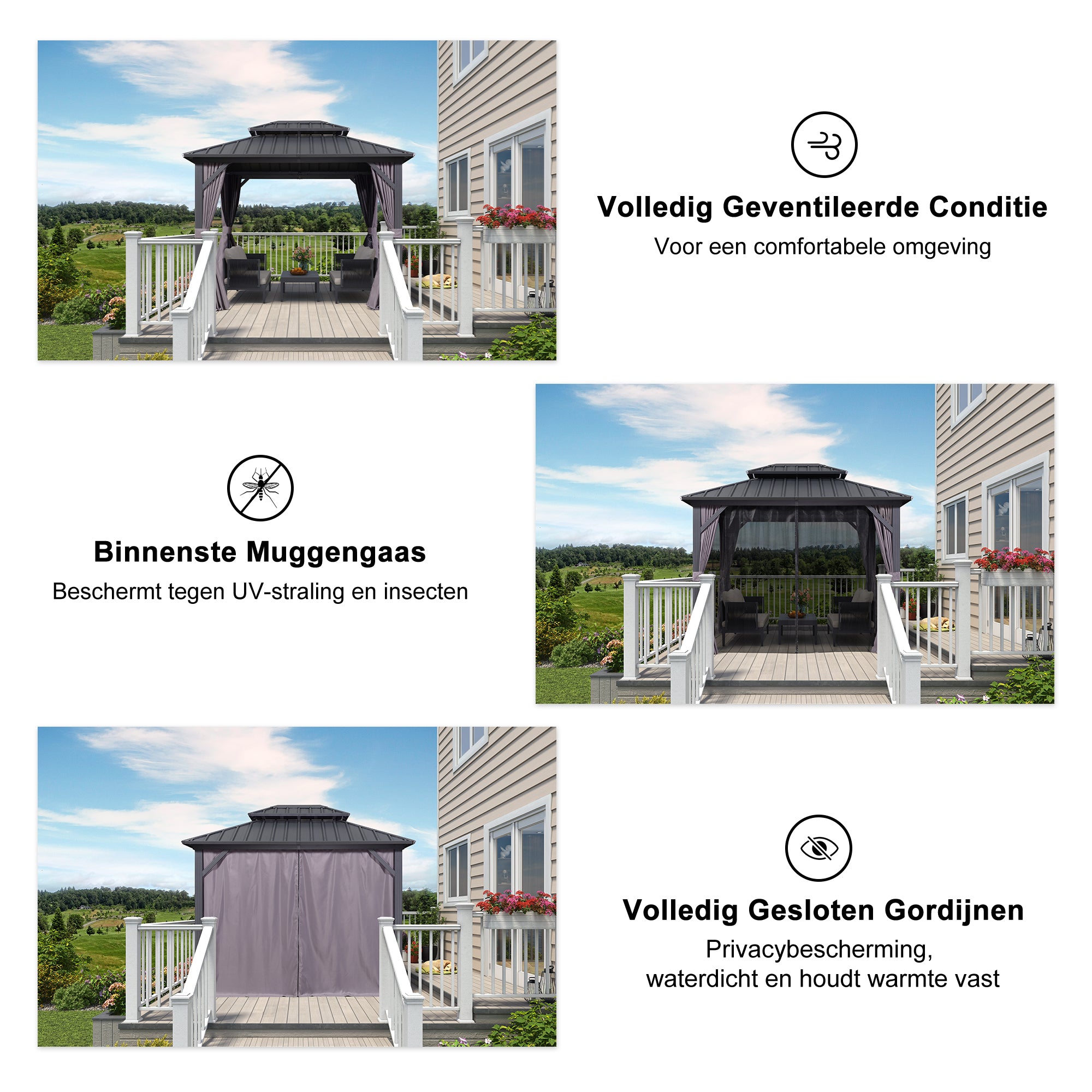 PURPLE LEAF Hardtop Tuinpaviljoen Essential met Warmwitte Verlichting, Gegalvaniseerd Stalen Dak, Aluminium Frame, Gordijnen en Klamboe – Grijs